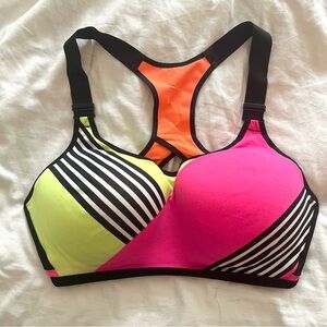 VSX Victoria’s Secret Sports Bra 38DDD Colorful Stripes Pink Orange Yellow/Green